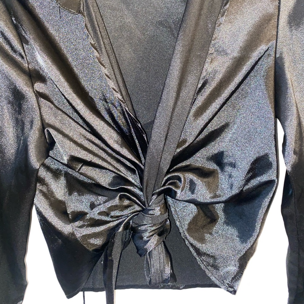 Shein Long Sleeve Self Tie Knot Front Satin Crop Top - Picture 8 of 9